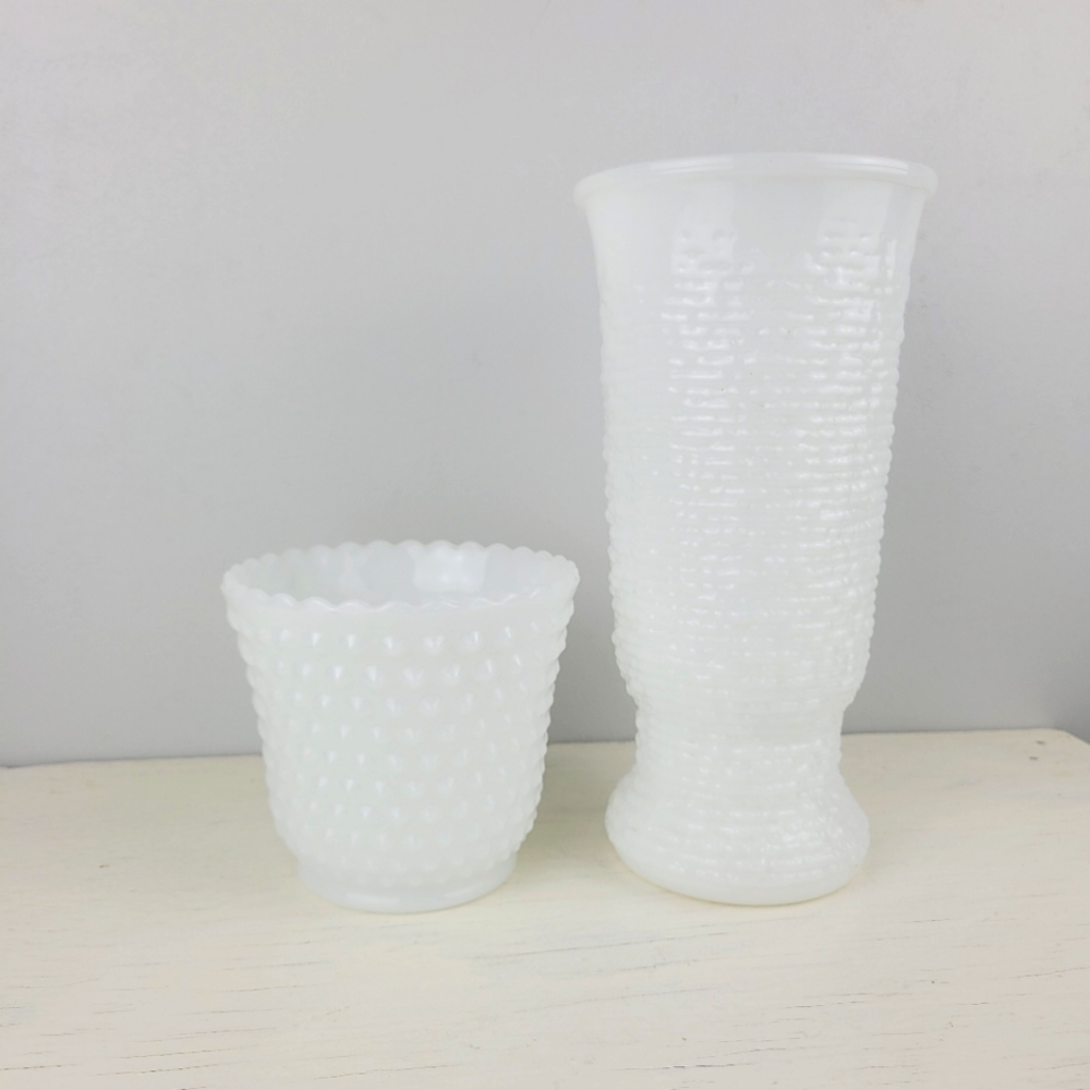 White Textured Milk Glass Napco Vase And Fire King Planter Vase 1960s